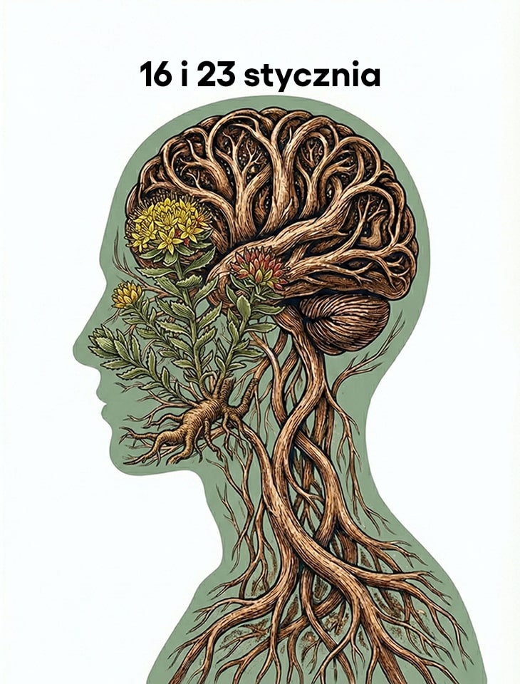 rysunek człowieka, który zamiast układu nerwowego posiada korzenie witani ospałej (ashwagandhy) i kwiaty różeńca górskiego, u góry napis "16 i 23 stycznia"