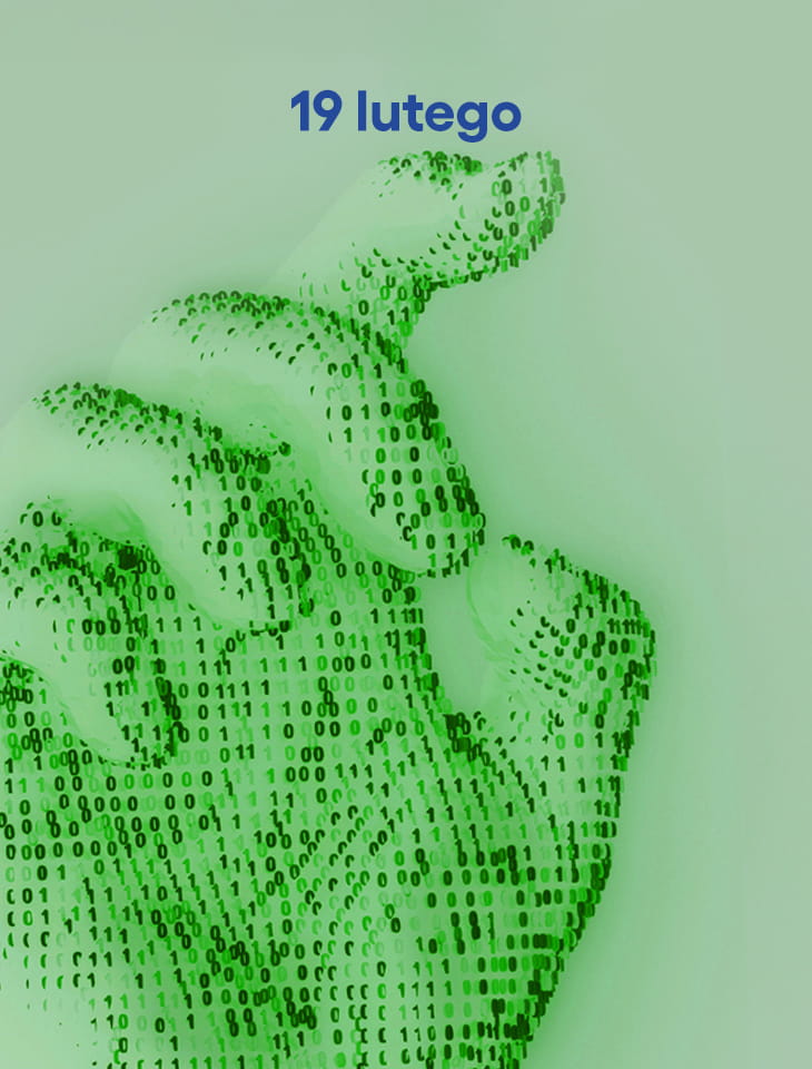 dłoń złożona z kodu jedynek i zer wskazuje napis "19 lutego"