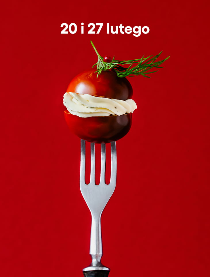 widelec z czerwonym pomidorem konktajlowym na czerwonym tle, obok napis "20 i 27 lutego"