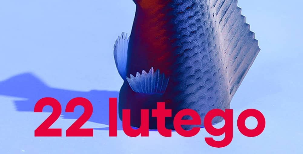 Zbliżenie na stylizowaną formę przypominającą rybi ogon w niebieskich tonacjach, na tle górskiego, zimowego krajobrazu. Na dole znajduje się duży, czerwony napis „22 lutego”. Grafika ma nowoczesny, plakatowy styl z wyraźnym kontrastem kolorów.