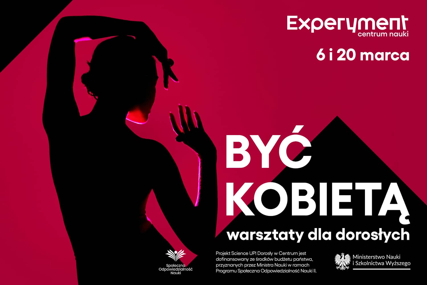 Grafika warsztatów dla dorosłych Być kobietą - warsztaty z dni 6 i 20 marca. Na grafice cień kobiety na bordowym tle.