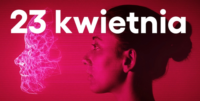 Grafika promująca konferencję EDUKACJA W AKCJI. Nauczyciel w centrum z datą wydarzenia 23 kwietnia