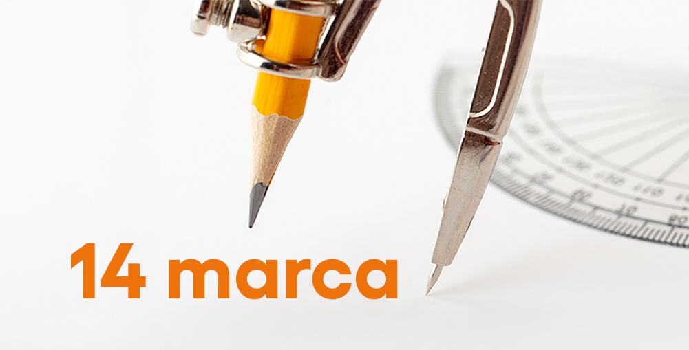 napis 14 marca, zdjęcie ołówka i cyrkla