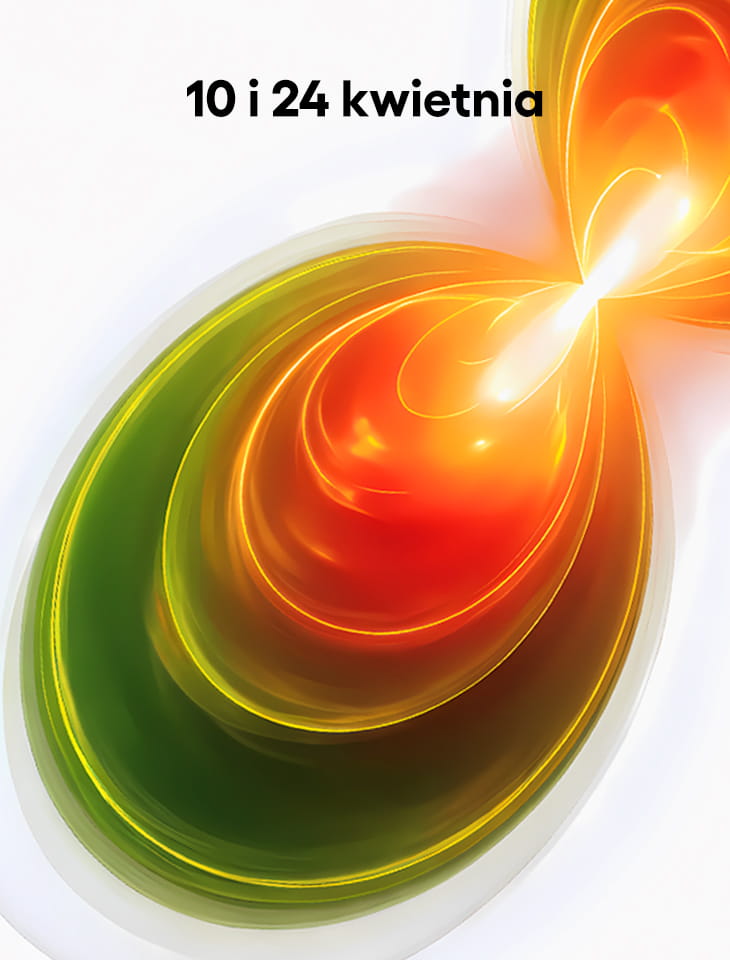 napis "10 i 24 kwietnia" i wizualizacja rozwiązania równania Schrodingera atomu wodoropodobnego dla stanu wzbudzonego