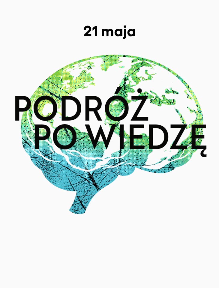 grafika z mózgiem wypełnionym mapą świata. napis na mózgu podróż po wiedzę.