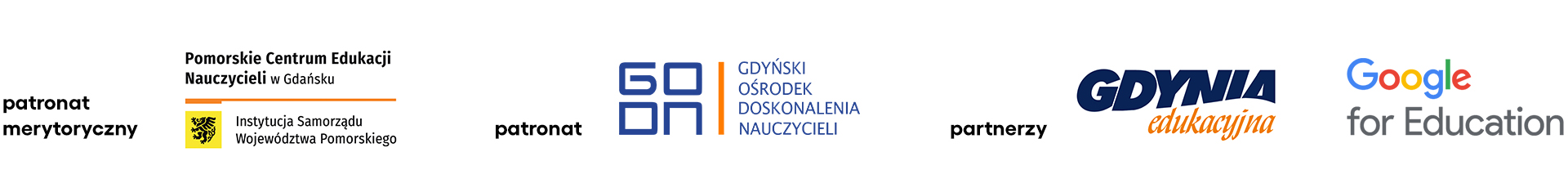 logotypy: PCEN, GODN, Gdynia edukacyjna, Google for Education