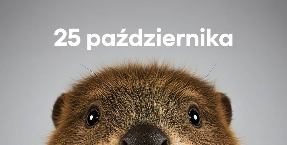 Zbliżenie na pysk brązowego bobra, którego oczy i nos widoczne są na środku kadru. W górnej części grafiki umieszczono biały napis „25 października”.